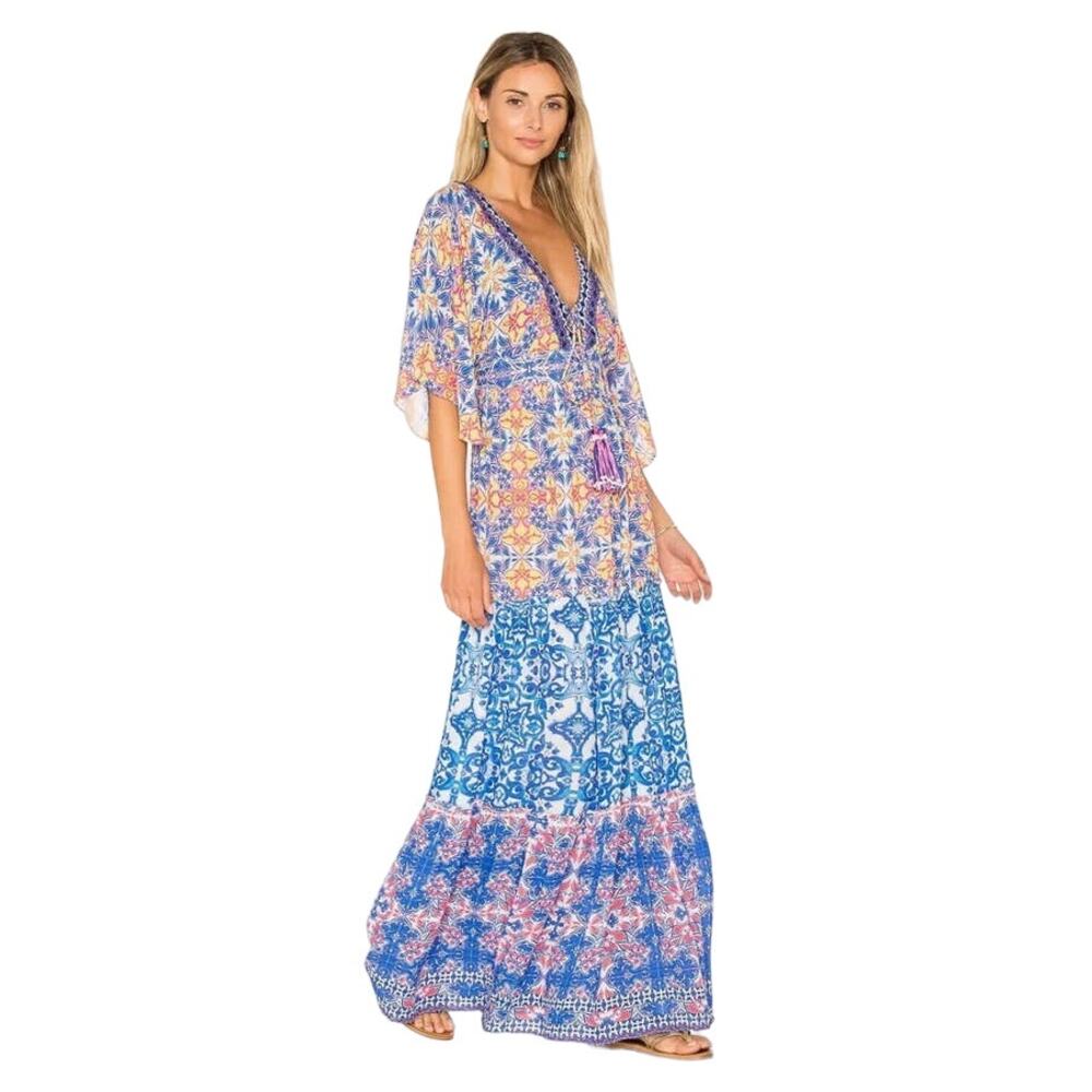 NWT Hemant & Nandita Deep V Maxi Dress‎ Multicolor Vintage Tile Blue Size M